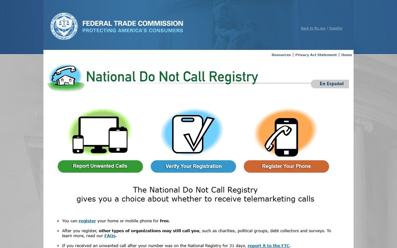 FTC National Do Not Call Registry for unwanted telemarketing reports
