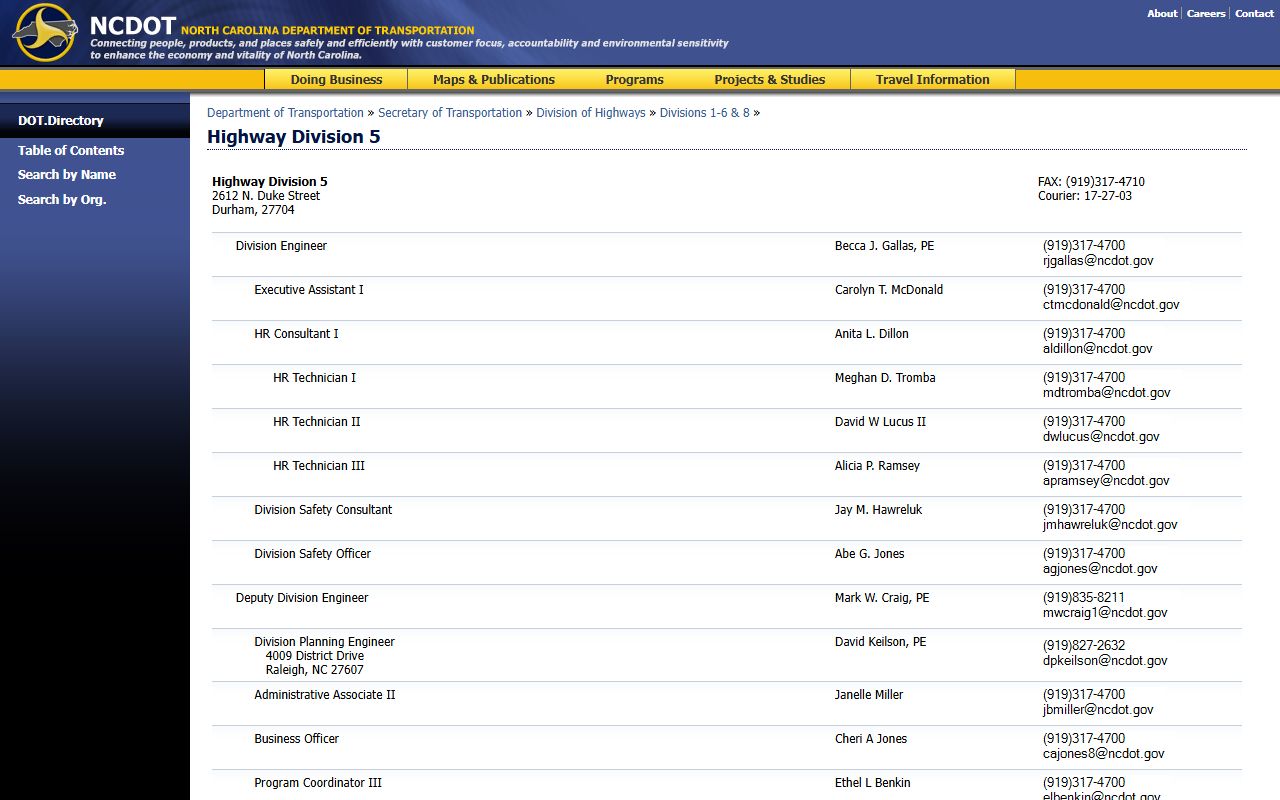 Durham County phone numbers NCDOT Highway Division 5 directory